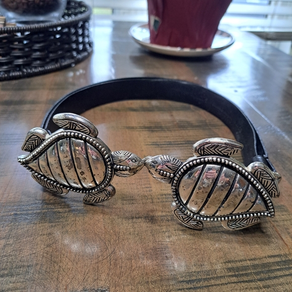 Black Leather Silver Metal Turtles Slide Belt M/L - Picture 5 of 5